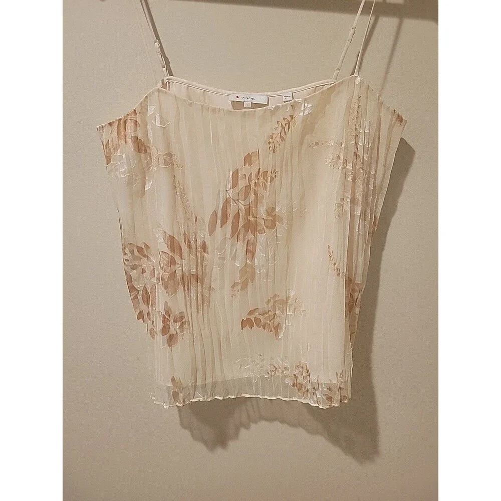 Vince Top Burnout Camisole In Peach Cream Pleated Coquette Modern Floral L - Picture 3 of 7